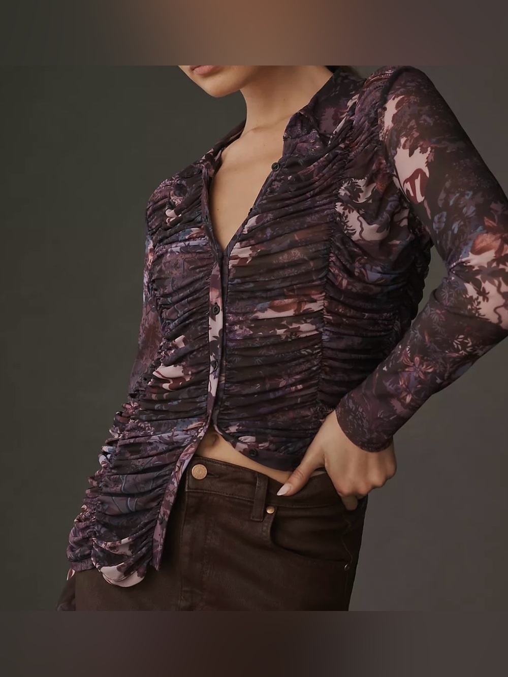Pilcro Purple Abstract Mesh Ruched Collared Button-Down Blouse - Size M